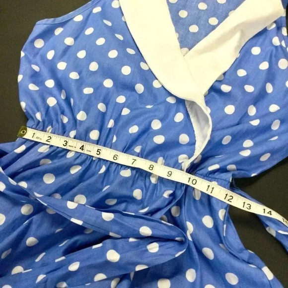 Vintage Komar Womens Blue White Polka Dot Sleeveless Tie Waist Wrap Dress Large - Picture 8 of 12
